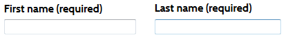 Incorrect example of FRM_A10. Two fields, side by side. The first is First name (required). The second is Last name (required).