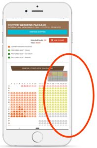 Screenshot on mobile of arena seating - the right-hand section is cut off, indicating that users can swipe from right to left to access more seats